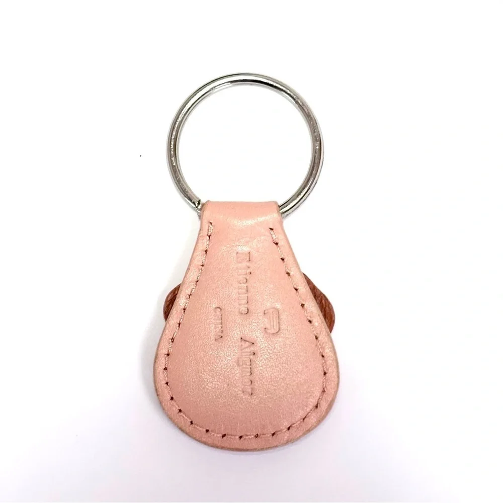 Vintage Etienne Aigner Pink Leather Floral Bloom Keychain Keyring NEW